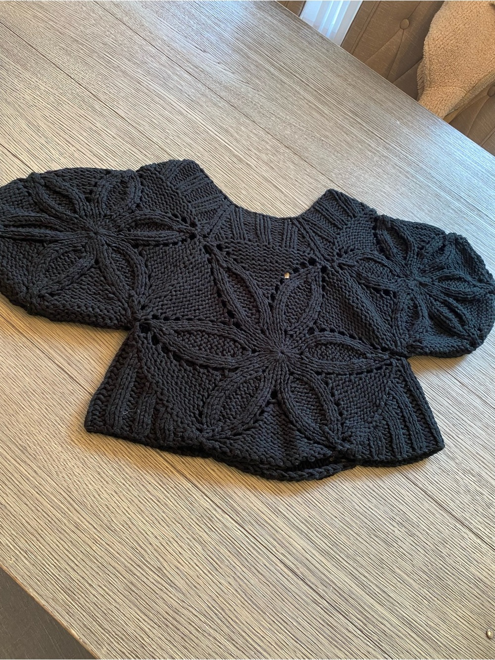 Black Floral Cable Knit Puff Sleeve Sweater
